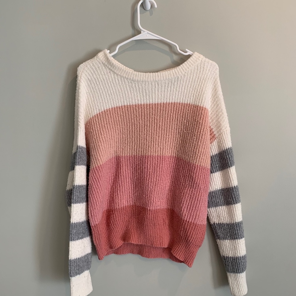 Striped Pink and Gray Sweater with Tie in the Back